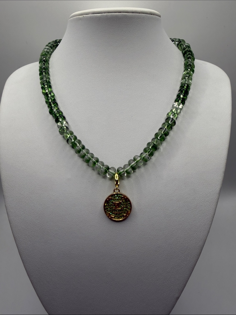 1472. Green Beaded Stretch Necklace with Gold & Green Crystal Charm 18”
